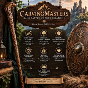 Puede incluir: Un letrero de madera con el texto CARVINGMASTERS HAND CARVED WOODEN CREATIONS, que presenta un bast&oacute;n tallado con cabeza de &aacute;guila a la izquierda y un escudo de madera redondo con un dise&ntilde;o de &aacute;rbol a la derecha, junto a iconos y texto sobre servicios.