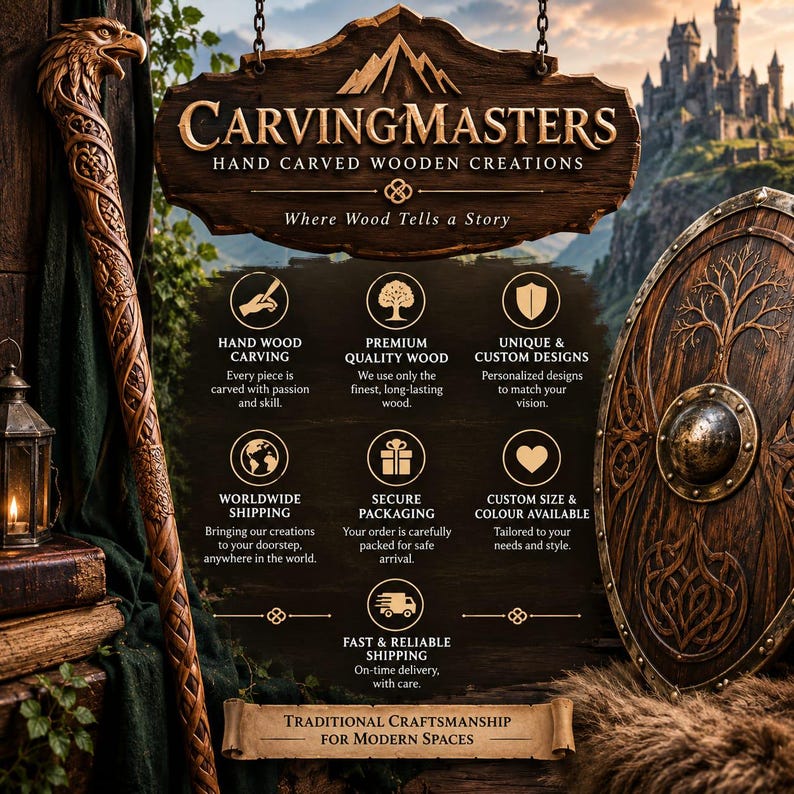 Puede incluir: Un letrero de madera con el texto CARVINGMASTERS HAND CARVED WOODEN CREATIONS, que presenta un bast&oacute;n tallado con cabeza de &aacute;guila a la izquierda y un escudo de madera redondo con un dise&ntilde;o de &aacute;rbol a la derecha, junto a iconos y texto sobre servicios.