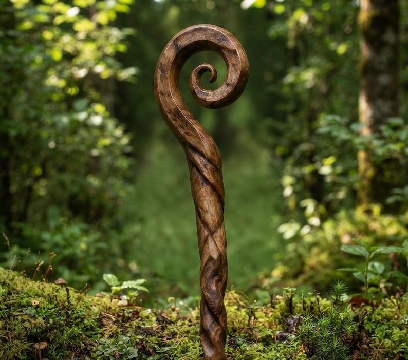 Może przedstawiać: Ręcznie rzeźbiona drewniana laska z ciemnobrązowym wykończeniem i wyraźnym spiralnym wzorem na g&oacute;rze. Trzon laski posiada skręcony, teksturowany wz&oacute;r słoj&oacute;w, kt&oacute;ry biegnie pionowo wzdłuż drewna, ukazując naturalne odcienie i strukturę materiału.