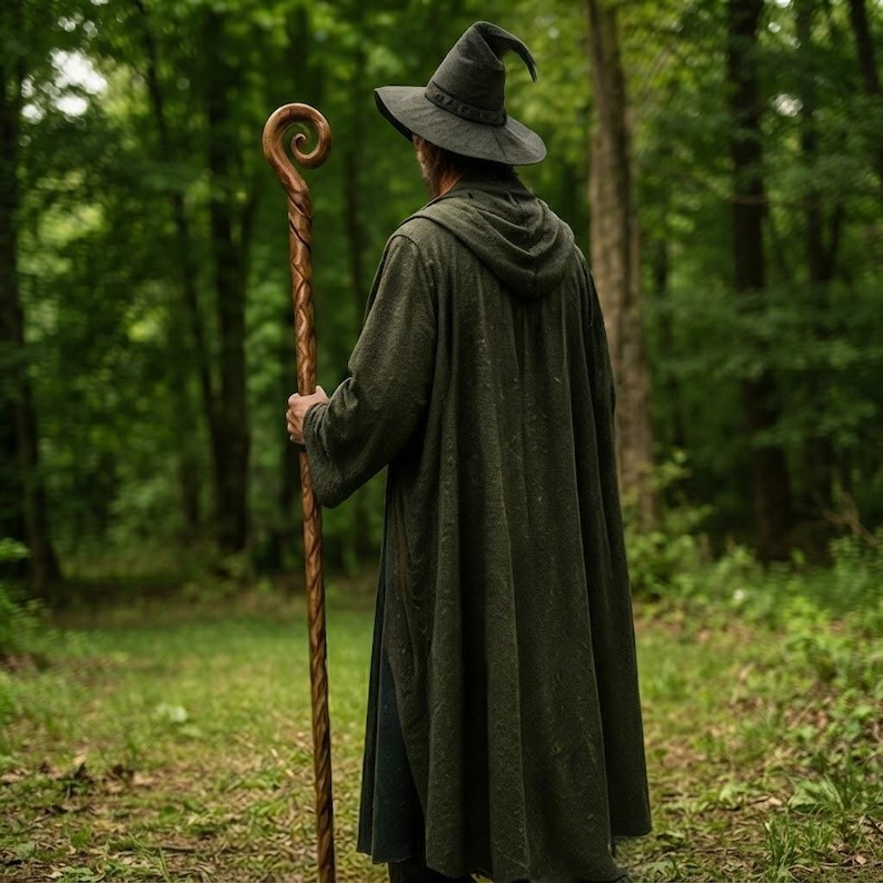 Może przedstawiać: Ciemnooliwkowy płaszcz z kapturem, długimi rękawami i zwiewnym dołem, zestawiony z wysokim, spiczastym kapeluszem z ciemnoszarego filcu. Całość uzupełnia długa, polerowana drewniana laska z wyraźnym spiralnym wzorem na samym szczycie.