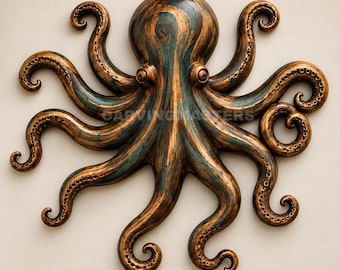 May include: A wall-mounted octopus sculpture featuring a metallic bronze and teal finish with visible wood grain textures. The octopus has eight curved tentacles with detailed suction cups and two prominent eyes. The text CARVINGMASTERS is visible.