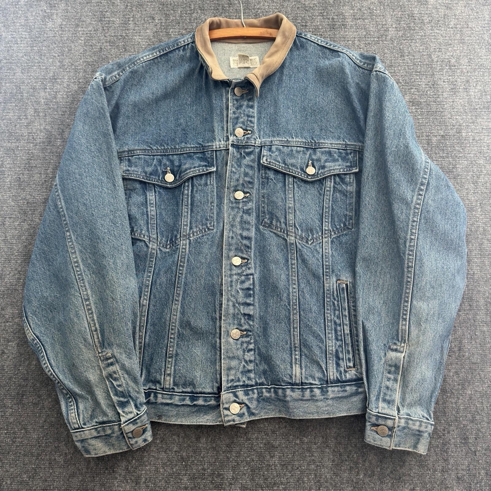 Banana Republic, Vintage 80s Banana Republic Safari Denim Trucker Jacket XL leather Collar USA