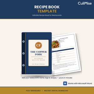 Puede incluir: Una plantilla de libro de recetas para restaurantes en azul oscuro con una etiqueta color crema que presenta el texto The Copper Fork Kitchen Recipe Book y un logotipo CF. Una página abierta muestra una receta de camarones y vieiras.