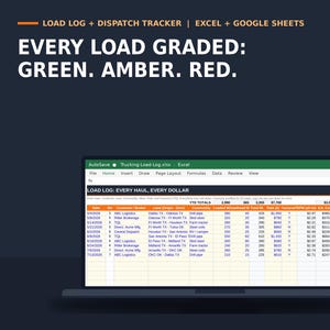 May include: A digital spreadsheet for trucking load logs and dispatch tracking, compatible with Excel and Google Sheets. The interface displays columns for dates, customers, lanes, commodities, and financial data, with rows color-coded in green and red.