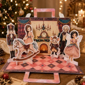 May include: A three-dimensional paper craft set featuring a fireplace backdrop with a clock and chandelier. The scene includes die-cut figures of a nutcracker, a person with a rocking horse, a mouse in a uniform, and a fairy with wings on a tiled floor.