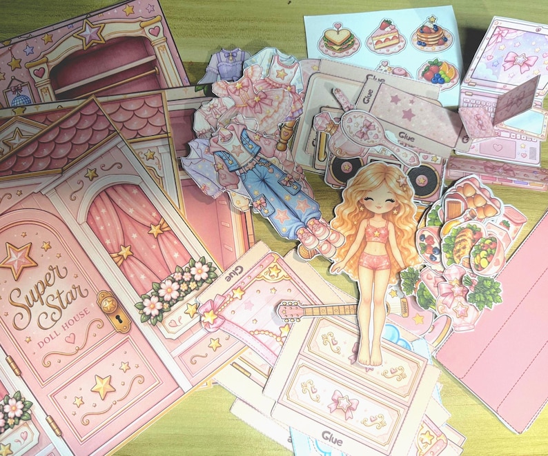 Utskrivbar dockhusbok, klädsel för pappersdocka, rosa dockhusaktivitetsbok, klipp-och-lek-aktivitet för flickor, direktnedladdning i PDF-format bild 9