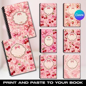 May include: A collection of spiral-bound notebooks featuring pink patterns with cherries, bows, and daisies. Each notebook includes a decorative central label for writing. The designs incorporate various shades of pink, red, and white, with some covers displaying the text Composition Book.