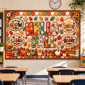 Peut inclure: Un tableau d'affichage de classe avec le texte HELLO FALL et des décorations incluant des citrouilles, des feuilles d'automne, des tournesols et des livres. Quatre panneaux circulaires affichent les mots GROW, SHINE, LEARN et BE BRAVE.