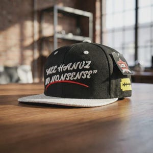 Peut inclure: Une casquette de baseball noire avec une visière texturée blanche et un texte brodé blanc indiquant "ALL HANUZ NO NONSENSE" avec une ligne courbe rouge en dessous. Un écusson jaune avec une icône de lame de rasoir noire est sur le côté.