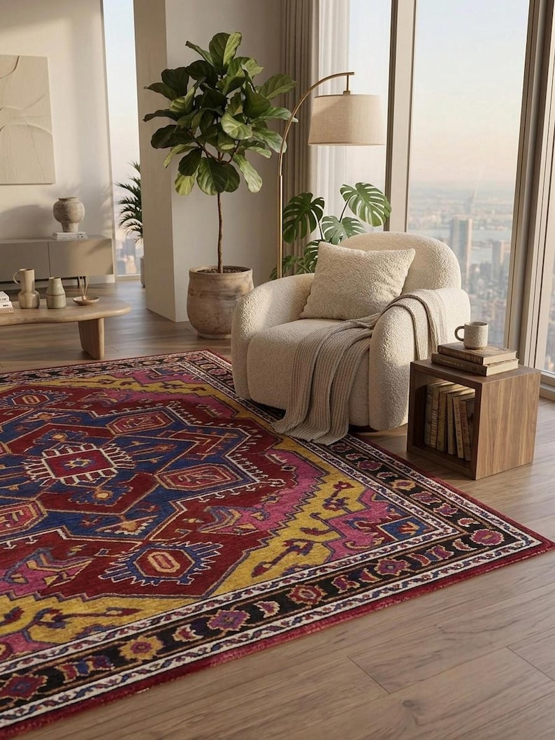 Buy Vintage Persian Style Area Rug, Red and Blue Hand-tufted Wool Rug ...