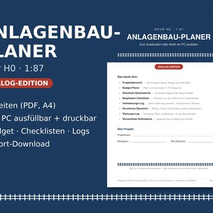 May include: A digital model railway layout planner in PDF format, size A4, featuring 9 pages for project management. The document includes sections for budget planning, checklists, and logs, with text in German, designed for analog model train enthusiasts.