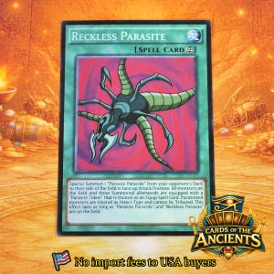 Puede incluir: Una carta de juego verde titulada Reckless Parasite, una carta mágica continua que muestra una criatura insectoide oscura de múltiples patas con extremidades segmentadas sobre un fondo rojo, con texto blanco detallando sus efectos de juego.