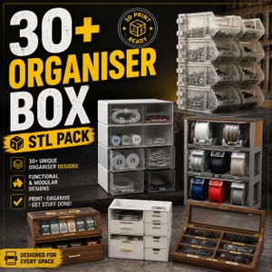 Può includere: Una collezione di design per scatole organizer stampabili in 3D con unità modulari, contenitori in plastica trasparente per minuteria, sistemi a cassetti bianchi per cavi e vetrine in legno con il testo 30+ ORGANISER BOX.