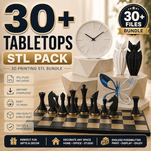 May include: A digital collection of 30+ 3D printing STL files for tabletops, featuring a black and gold chessboard with pieces, a white wall clock, a white and black owl figurine, and a blue and silver butterfly sculpture for home decor.