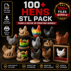 Könnte beinhalten: Ein digitales Paket mit über 100 STL-Dateien für den 3D-Druck mit verschiedenen Henne- und Hühnermotiven. Die Sammlung umfasst Hennen in Nestern, regenbogenfarbene Hühner, strukturierte Figuren, Sukkulenten-Pflanzgefäße und ein Huhn auf einer Schaukel.