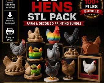 Paquete de más de 100 archivos STL de gallinas, figuras de gallinas, decoración de estilo rústico, gallinas anidando y macetas, archivos para impresión 3D