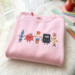 Embroidered Teacher Life Faux Patchwork Sweatshirt, School Supplies Shirt