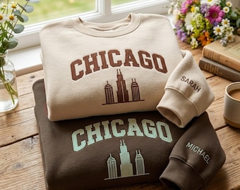 Embroidered Chicago Sweatshirt, Minimalist Souvenir, Airport Runway Comfort Vacation Uniform Travel Gift
