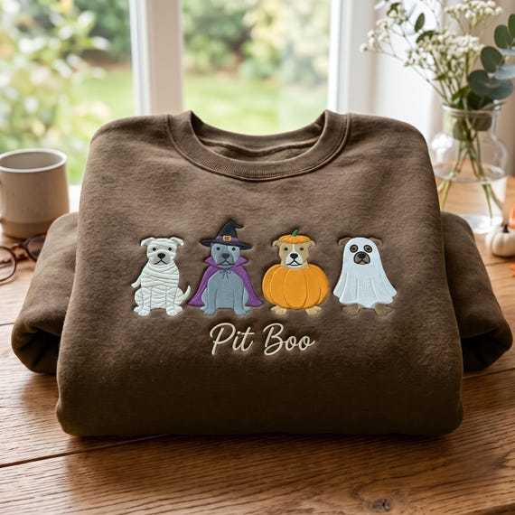 Embroidered Halloween Pitbull Sweatshirt, Spooky Dog Costume Shirt (Pit Boo)