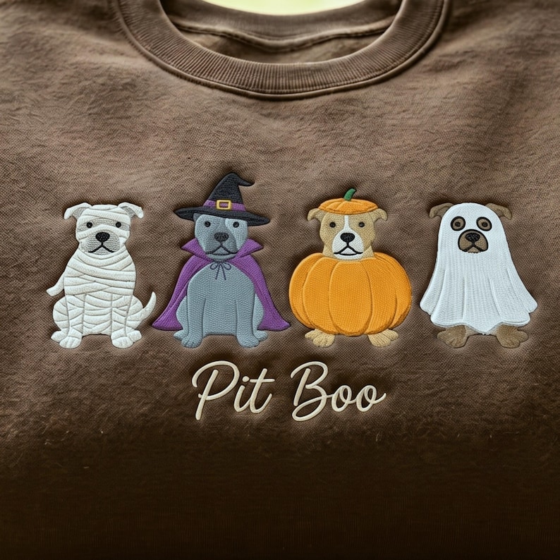 May include: A brown sweatshirt featuring embroidered designs of four dogs in Halloween costumes: a mummy, a witch with a purple cape, a pumpkin, and a ghost. Below the dogs, the text Pit Boo is embroidered in a white cursive script font.