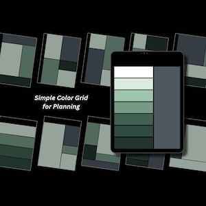 Peut inclure: Une tablette numérique affichant une grille de palette de couleurs avec des nuances de vert et de gris, entourée de multiples motifs de blocs rectangulaires superposés. Le texte Simple Color Grid for Planning est centré sur le fond noir.