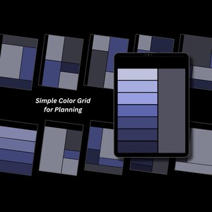 Peut inclure: Une tablette numérique affichant une grille de couleurs simple pour la planification, avec une colonne verticale de sept rectangles dans les tons bleus allant du clair au foncé, à côté d'un grand rectangle gris foncé, entourée de modèles de grille.