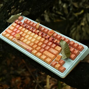 May include: A mechanical keyboard with a light-colored frame and a gradient of orange, red, and brown keycaps. Some keycaps feature autumn leaf patterns, and the surface is decorated with scattered fallen leaves and water droplets.