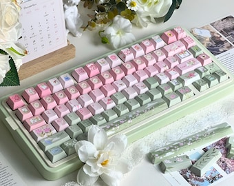 桜キーキャップセット - 127キー PBT製、チェリープロファイル、ピンク