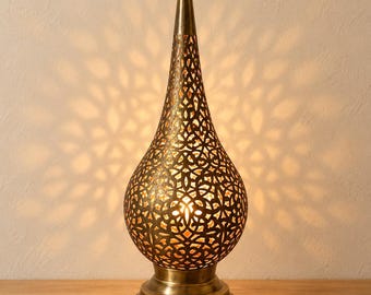 Moroccan Brass Table Lamp, Pierced Teardrop Bedside Light, Boho Accent Lighting