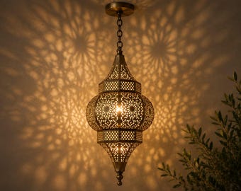 Moroccan Brass Pendant Light, Handmade Pierced Metal Lantern, Boho Ceiling Fixture, Mediterranean Lighting