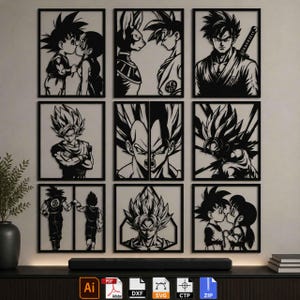 May include: A set of nine black metal wall art panels featuring various Dragon Ball anime characters in silhouette style. The designs include portraits, action poses, and romantic scenes of characters like Goku, Vegeta, and Beerus within square frames.