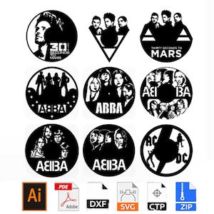 May include: A collection of nine circular black and white graphic designs featuring band logos and portraits for 30 Seconds to Mars, ABBA, and AC/DC. Below the designs are six file format icons labeled AI, PDF, DXF, SVG, CTP, and ZIP for digital download.