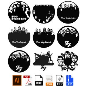 May include: A collection of nine black and white digital graphic designs featuring the band Foo Fighters, including band member portraits, silhouettes, and logos. The set includes various file format icons such as AI, PDF, DXF, SVG, CTP, and ZIP.