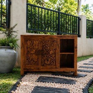Handcrafted Solid Wood Carved Storage Cabinet Walnut Sideboard Buffet Cabinet Rustic Entryway Console Nature Relief Wood Cupboard