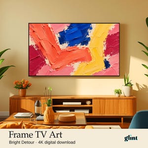 May include: A digital television screen displays abstract art with thick, textured brushstrokes in vibrant shades of coral, deep blue, bright yellow, magenta, and soft pink, set against a solid white background.