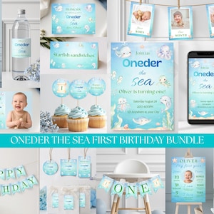 May include: A Oneder the Sea first birthday party bundle featuring blue and green ocean-themed decorations, including invitations, cupcake toppers, banners, water bottle labels, and milestone photo cards with illustrations of sea creatures.