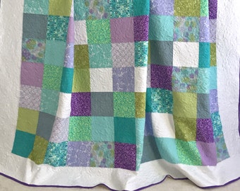 King Quilt with Floral Fabrics Shades of Aqua Purple Green Ivory Piccadilly Collection