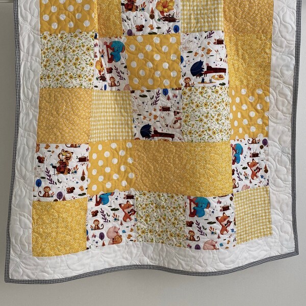 Baby Quilt Girl Patchwork Woodland Musicians Collection Yellow White Brown Blue Girl Patchwork Quilt Keepsake Quilt Studio