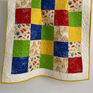 Patchwork Baby Boy Beach, Sandcastle Theme Baby Quilt Handmade, Baby Patchwork Quilt, Keepsake Quilt Studio