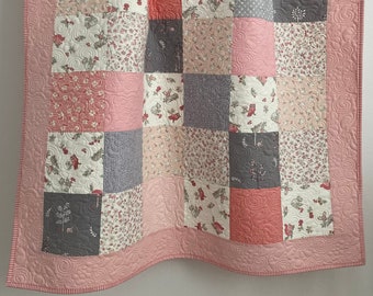 Pink Gray Grey Quilt Lightweight Summer Quilt Floral Geometric Home Decor Accent Handmade Patchwork Quilt Baby Toddler Crib Crawl Quilt