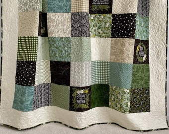 Patchwork Quilt w/ Designer Fabric Green White Black Dusty Blue Collection Moda Fabrics Keepsake Quilt Studio