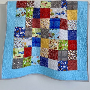 Patchwork Baby Boy Quilt Down On The Farm Collection  Red Green Yellow Grey  Blue Keepsake Quilt Studio