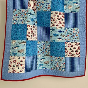 Baby Boy Toddler Patchwork Quilt Featuring Sharks Blue White Red Aqua Keepsake Quilt Studio