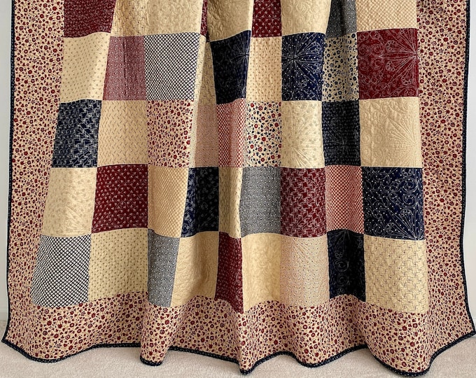 King Patchwork Quilt W/ Designer Fabrics Freedom Road Cranberry Navy