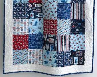 Baby Quilt Boy Patchwork A Whale Of A Time Collection Nautical Prints Whales Sailboats Sea Creatures Red White Blue