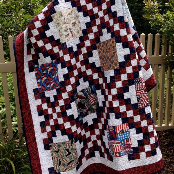 Patriotic Patchwork Quilt featuring American Eagles Flags Fireworks Quilting Red White Blue