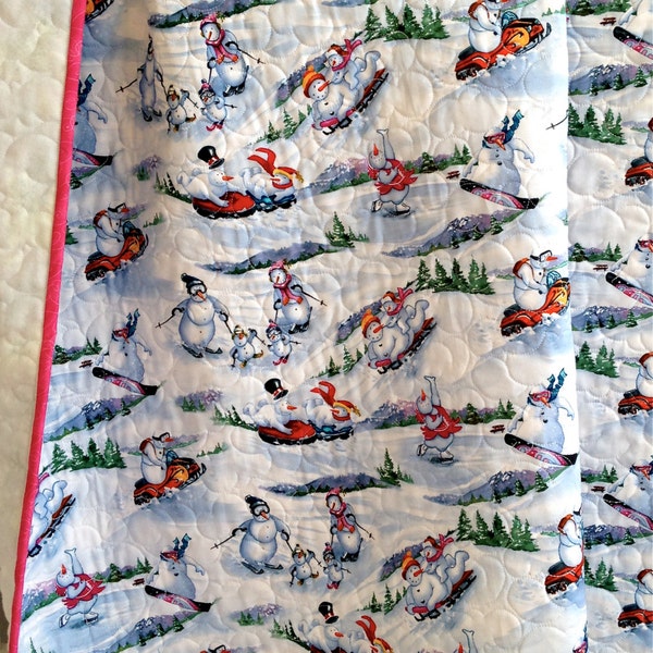 Baby Girl Quilt featuring Winter Olympics Snowmen Snowboarding Skiing Skating Snowmobiling Tubing Sledding Blue Baby Quilt