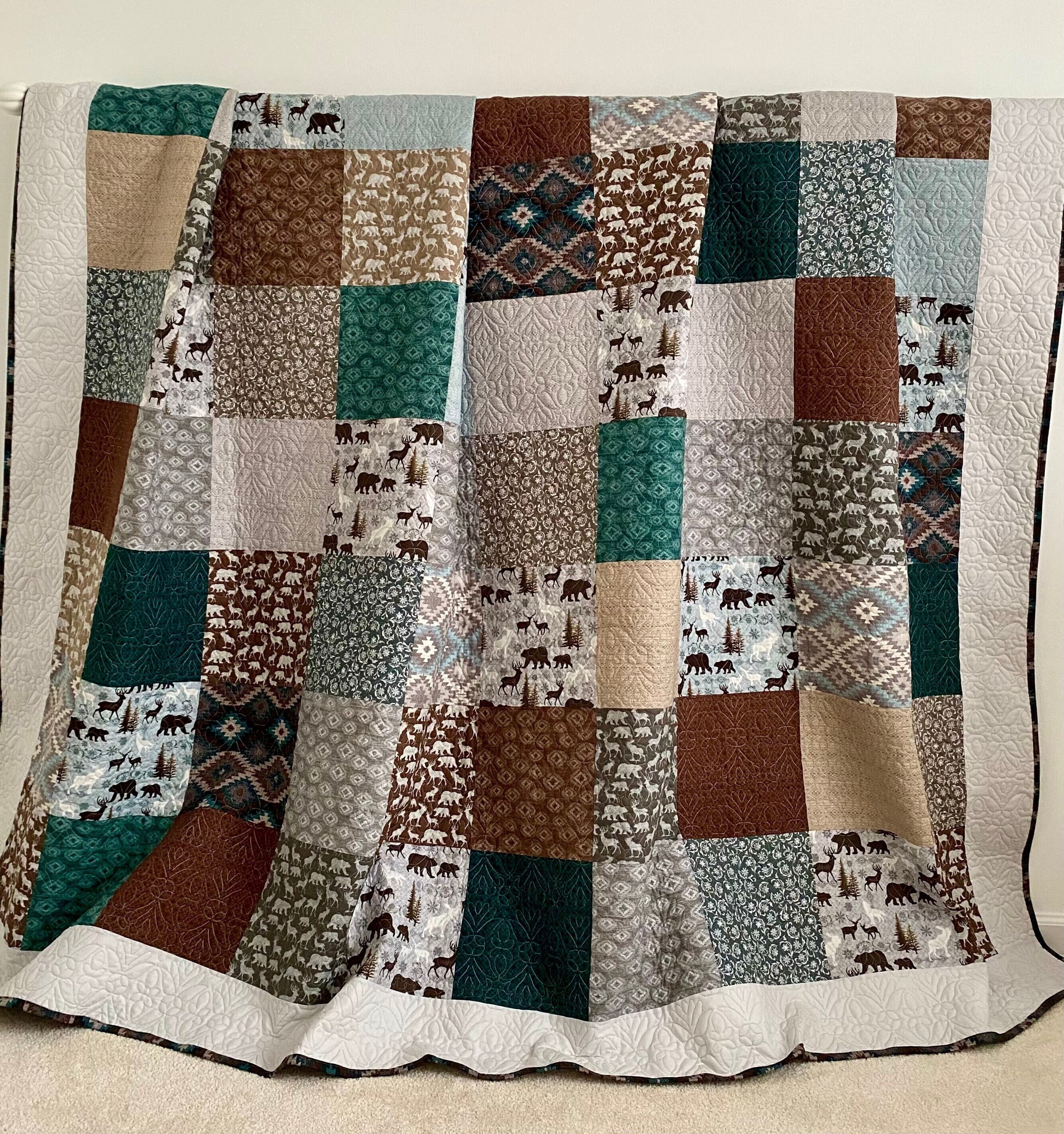 King Patchwork Quilt w/ Designer Fabric Grey Green Brown Aqua Tan Modern Lodge Collection Keepsake Quilt Studio