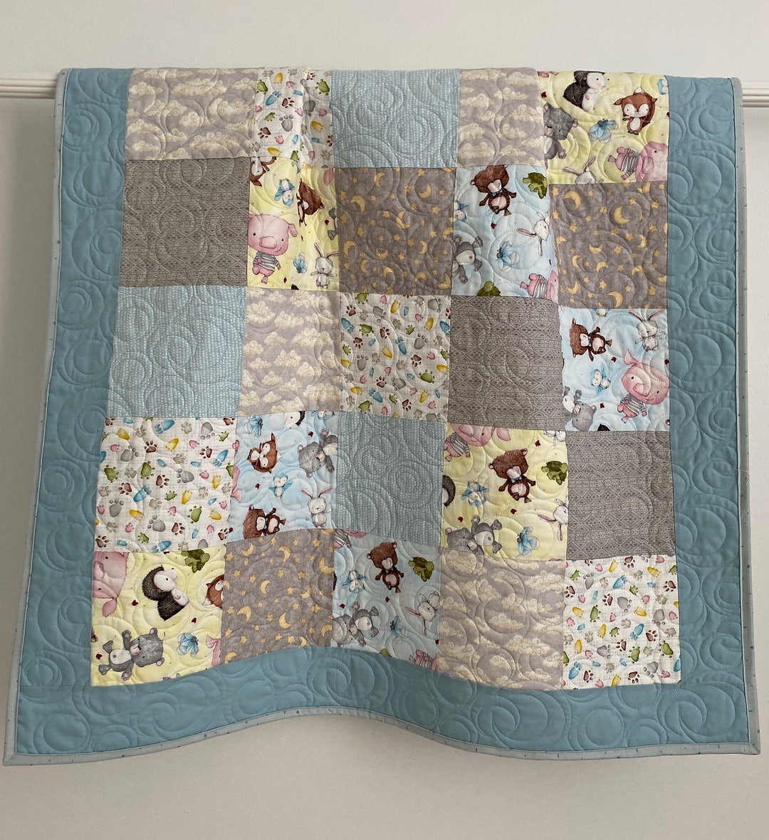 Modern Patchwork Boy Quilt Grey, Yellow, Brown, Blue, White Woodland