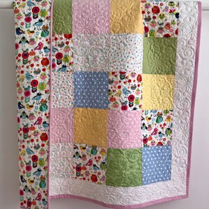 Modern Patchwork Baby Girl Quilt With Whimsical Tiny Birds Pink Yellow ...